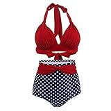 VILOREE Vintage 50s Damen Bademode Bikini Set Push Up Hoher Taille Neckholder Bauchweg Rot Top + Blau Pola Dots Shorts M