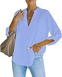 NONSAR Damen Bluse Elegant V-Ausschnitt Henley Hemdbluse Aufrollbaren Ärmeln Locker Blusen Lange Ärmel (9351L,Hellblau)