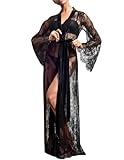 ROSVAJFY Damen Spitzen-Kimono Bademantel mit Satin-Gürtel,Transparenter Langer Schlafanzug,Sexy Babydoll Nachthemd Morgenmantel (DE/NL/SE/PL, Alphanumerisch, Einheitsgröße, Regular, Regular, Schwarz)