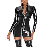 Damen Lackleder Kleid Rock Lack Leder Kleid Damen Wetlook Body Leder Dessous Set Sexy Damen Wet Look Bodysuit Sexy PU Leder Figurbetontes Kleid Damen Nachtwäsche Clubwear Tanzparty Kostüm Kostüm（L）