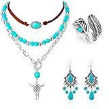 AHEJIOO Western Outfit Damen, Cowgirl Outfit Damen 3-Teiliges Set Mit Türkis Schmuck, Vintage Accessoires Für Retro-Partys, Hippie-Events, Cosplay Und Karneval