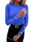Onsoyours Damen Langarmshirt Pullover Sexy Rundhals Schaltflächen Hemd T-Shirt Casual Slim Oberteile Bluse Tunika Top Blau 38