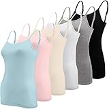 BQTQ 6 Stück Unterhemd Damen Spaghetti Top Unterhemd Spaghettiträger mit Verstellbarer Strap Basic Cami Tank Top für Frauen, Schwarz, Weiß, Grau, Himmelblau, Rosa, Beige, M