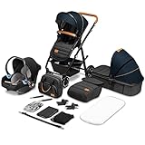LIONELO Amber Kinderwagen 3 in 1 Kombikinderwagen Set sportlicher Sitz fester Babywanne Autositz Tasche Moskitonetz Regenschutz XXL-Dach mit Sonnenschutz (BLAU)