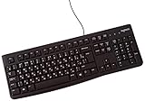 Logitech K120 Kabelgebundene Business Tastatur für Windows und Linux, USB-Anschluss, Leises Tippen, Robust, Spritzwassergeschützt, Tastaturaufsteller, Russisches Layout - Schwarz