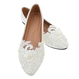 Holibanna Weiße Brautspitzenschuhe Frauen Hochzeit Brautschuhe Flache Schuhe Schlüpfen auf Synthetische Spitze Ballerinas Schuhe Größe 39