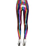Hologramm Metallic Regenbogen Leggings Glitzer Neon Strumpfhosen Streifen Bedruckt Hohe Taille Yogahose Kunstleder Party Clubwear Regenbogen Bunt
