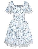 Mittelalter Rockabilly Swing Kleid für Damen Kurzarm mit Tasche Abendkleid Weiß-Blau Blumen S