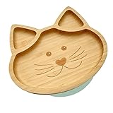 Hochwertiger Baby/Kleinkind Saugnapf-Teller aus natürlichem Bambus mit rutschfestem Saugfuß (Katze Salbeigrün)