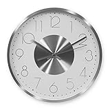 K&L Wall Art Silberne Wanduhr 30cm Durchmesser ohne Tickgeräusche langlebige Metallic Uhr für Wohnzimmer Büro lautlose Aluminium Metalluhr (Silber Weiß)