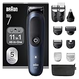 Braun All-in-One Trimmer-Set 7, 11-in-1 Multigroom, Barttrimmer, Nasenhaartrimmer, Haarschneidemaschine für Gesicht, Kopf und Körper, 120 Min Akku, 14 Längen (3–21 mm), Wasserdicht, AIO7540, Blau