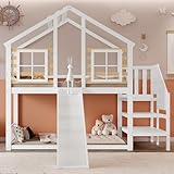 Rtopsu Kinderbett Etagenbett 90x200 cm mit Rutsche und Treppe für 1-2 Kinder, Hochbett Baumhausbett Holzbett mit 2 Fenster, Hausbett Bett mit Rausfallschutz und 1 Lattenrost, Weiß, Ohne Matratze