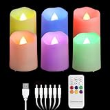 FREEPOWER 6er RGB Aufladbare LED Teelichter Farbwechsel mit Fernbedienung Timer Flackern Elektrische Wiederaufladbare Kerzen mit USB-Kabel, Deko für Weihnachten Halloween Party Familie