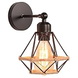 iDEGU Vintage Wandleuchte, Retro Wandlampe Innen im Industrie Design 16cm Käfig Lampenschirm Schwarz aus Metall mit Hanfseil Verstellbare Deckenleuchte Wandleuchte für Schlafzimmer Küche Flur