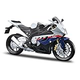 Maisto BMW S1000 RR: Originalgetreues Motorradmodell 1:12, mit beweglichem Ständer, Federung und frei rollenden Rädern, 17 cm, weiß-blau (531191), Mittel