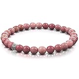 FABACH Rhodochrosit Perlenarmband mit 6mm Edelstein-Perlen und 925 Sterling Silber Logo-Perle - Edles Naturstein Stretch-Armband für Damen (Rosa-Rot)