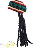 infactory Perücke: Jamaika-Mütze mit Dreadlocks & gelber Brille (Perücken-Kostüme Verkleidungen)