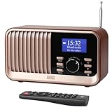 August MB450K Wiederaufladbares DAB+/FM Radio Dual Wecker-Nostalgie tragbares Küchenradio mit 60 Presets Bluetooth 5.3 Lautsprecher Holzgehäuse, USB/AUX/MicroSD, bis zu 18h Betriebszeit, Fernbedienung