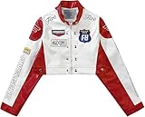 Aelfric Eden Damen Kunstlederjacke Cropped Racing Jacke Reißverschluss Patchwork Buchstaben Druck Motorradjacke Hiphop Y2K Streetwear Rot XS