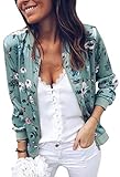 ECOWISH Damen Casual Jacke Blumenmuster Langarm Bomberjacke Reißverschluss Stehkragen Outwear Kurz Coat Herbst Frühling Grün S