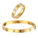 RIXERKOC Gold Ringe Armbänder für Damen 18K Gold plattiert Liebe Freundschaft Armband Cubic Zirkonia Armreif mit Ring Edelstahl Schmuck-Set Hochzeit Band Schmuck (Goldarmband mit Ring Größe 8)