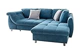 lifestyle4living Ecksofa mit Schlaffunktion in Blau mit großen Rücken-Kissen und Zierkissen, Microfaser-Stoff | Gemütliches L-Sofa mit Longchair im modernen Look