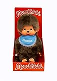 Sekiguchi 255040 - Original Monchhichi Junge, Plüschtier mit blauem Lätzchen und Zöpfen mit Schleifen, ca. 20 cm großes Kuscheltier aus braunem Plüsch, Braun