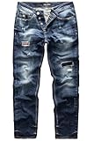 REPUBLIX Herren Jeans Regular Straight Fit Denim Hose Destroyed Dunkelblau (Patches) W34/L32
