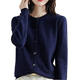 Damen Kaschmir Cardigan Rundhals Weicher Strickpullover Frühling Herbst Winter Langarm Einfarbig, Blau tibetisch, M