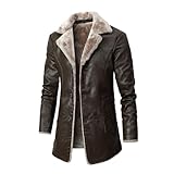 FGRID Herren-Lederjacke aus Plüsch mit Fleecefutter, Vintage-Revers Kunstpelz PU ​​Warmer Mantel, Flauschige Trenchcoat für den Winter Motorrad-Biker,Braun,M