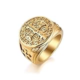 JewelryWe Schmuck Retro Herren-Ring Edelstahl Exorcism St Benedict Kreuz Ring Dämon Schutz Ghost Hunter CSBP katholischen Siegelring Bandring mit Gravur Gold Größe 59