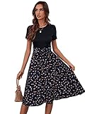 SheIn Damen Kleid Blümchen Kleider Knielang A-Linie Sommerkleid Böho Hohe Taille 2-in-1 Freizeitkleid mit Gürtel Marineblau Schwarz L