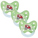 Dentistar® Silikon Schnuller 3er-Set – Größe 3 ab 14 Monate – Zahn- & kieferfreundlicher Silikonschnuller mit Dental-Stufe – Grün mit Trecker-Motiv – BPA-frei – Made in Germany