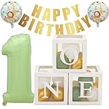 1. Geburtstag Ballon Box für Junge, 3 PCS Ballonboxen,30 grün gold luftballons und einen Buchstaben“1” für erster Geburtstag Deko, grün Babyparty Deko，baby shower Gender Reveal Party deko1