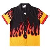 fpengfashion Herren Harajuku Flamme Grafik Button Down Hemd für Frauen Jugendliche Hip Hop Slim Fit Vintage Hawaii T-Shirt Gr. X-Large, YellowBlack