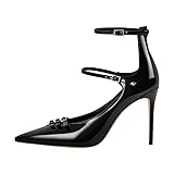 MissHeel Damen Stiletto Pumps Spitzer Zeh mit Verstellbaren Riemen Schwarz 43 EU