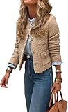 Yancremio Tweedjacke für Damen Elegante Business Casual Jacke mit Langen Ärmeln und Knöpfen Mode für Büro und Karriere leichte Jacke mit Rundkragen (Khaki,M)