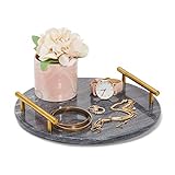 Rundes Serviertablett aus Schwarzem Marmor mit 2 Goldfarbenen Metallgriffen, Marmortablett, 27 x 1 cm