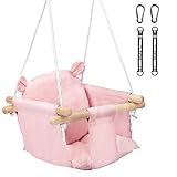 Littleboyny Schaukel für Baby Kinder mit Sicherheitsgurt Edelstahl Karabiner Weichen Kissen bis 50kg Zulässig Längenverstellbaren CE Rosa Bär-Muster für Garten In- Outdoor