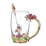COAWG Teetasse aus Glas Rote Rose Glasklare Neuheit Glas Teetasse Kaffeetassen Reisebecher mit aufwändigem Blumengriff und schönem Löffel Thanksgiving - 12oz 1pack