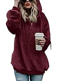 iWoo Pullover Damen Hoodie Winter Lose Warm Kapuzenpullover Teddy-Fleece Langarm Oversize Sweatshirt Mit Kapuze(Weinrote Farbe,S)