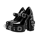 Only maker Damen Mary Jane Pumps Lolita Plateau High Heels Blockabsatz mit Nieten Schnallen Metallingen Lack Schwarz 43 EU