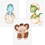 Olgs Kinderzimmer 3er Poster Bilder Set | Deko Wandbilder | Steinzeiten Bilder Wandposter DIN A4 | Dino Mammut Wanddeko für Babyzimmer