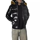 VEQUÈ Herren Winterjacke Daunenjacke gefüttert mit Fellkapuze Freizeitjacke Elegante Jacke Blau und Schwarz, Schwarz , S