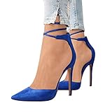 Minetom Damen Stiletto High Heels Pumps Spitz Party Basic Schuhe Geschlossen Schnürsenkel Wildleder Sandalen Abendschuhe A Blau 39 EU