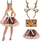 Reh Kostüm Damen, Rentier Kostüm, Hirsch Blumenstirnband und Tüllrock Braun, Karneval Cosplay Kostüms mit Gesichtsaufkleber, Elch Cosplay für Halloween, Karneval, Mottoparty
