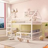 Etagenbett 140x200, Kinderbett Hochbett für 4 Kinder, Hausbett mit Leiter und Tür, Kinderhochbett mit Rausfallschutz, Bettgestell Stockbett Familienbett Loft Bett, mit Lattenrost, Massivholz, Weiß