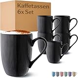 Cosumy Kaffeetassen 6er Set in Schwarz Matt 350ml - Einzigartiges Streifenmuster - Keramik - Mikrowellenfest - Spülmaschinenfest & Komfortabler Griff