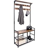 Leader Accessories Garderobenständer mit Bank Metallgarderoben rustikal Kleiderständer 182x30x84cm (HxTxB) Schwarz / Braun