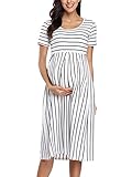 Love2Mi Damen Kurzarm Umstandskleid Schwangerschafts Kleid Streifen Knielang A-Line Umstandsmode, Weißer schwarzer Streifen, XL